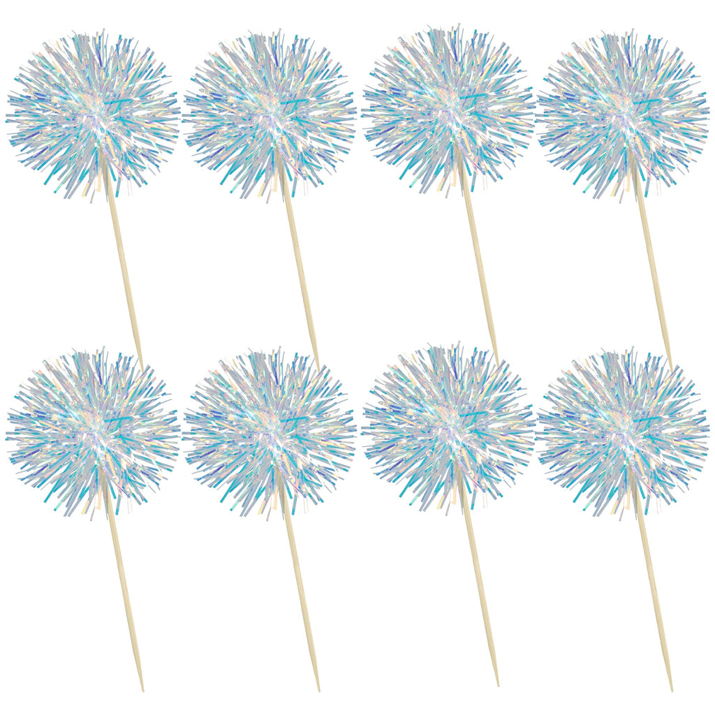Ephlyn 30Pcs Foil Firework Cupcake Toppers Sparkle Tinsel Cupcake Picks Drink Stirrers Cocktail Food Fruit Toothpicks for Baby Shower Graduation Party Supplies White