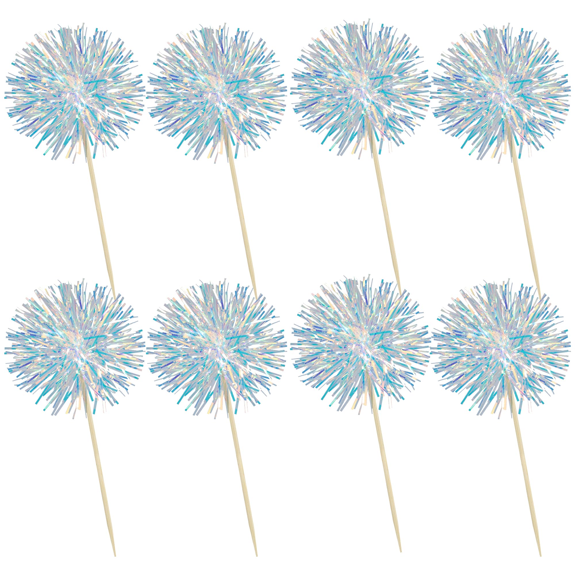 Ephlyn 30Pcs Foil Firework Cupcake Toppers Sparkle Tinsel Cupcake Picks Drink Stirrers Cocktail Food Fruit Toothpicks for Baby Shower Graduation Party Supplies White