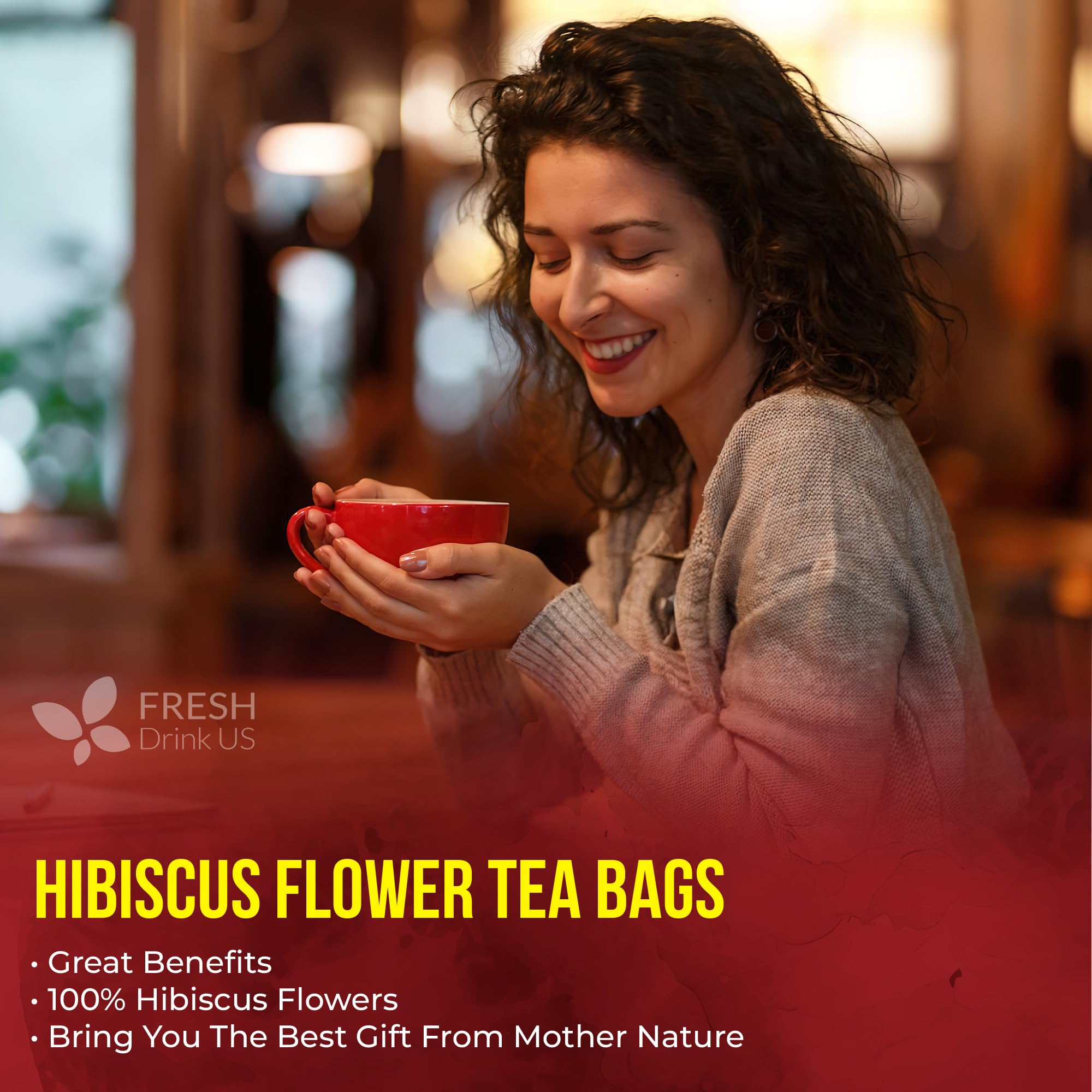 FRESHDRINKUS 60 Hibiscus Flowers Tea Bags, 100% Natural, Pure from Hibiscus Flowers. Loose Flower Hibiscus Herbal Tea. Hibiscus Flower Tea. No Sugar, No Caffeine, No Gluten, Vegan.