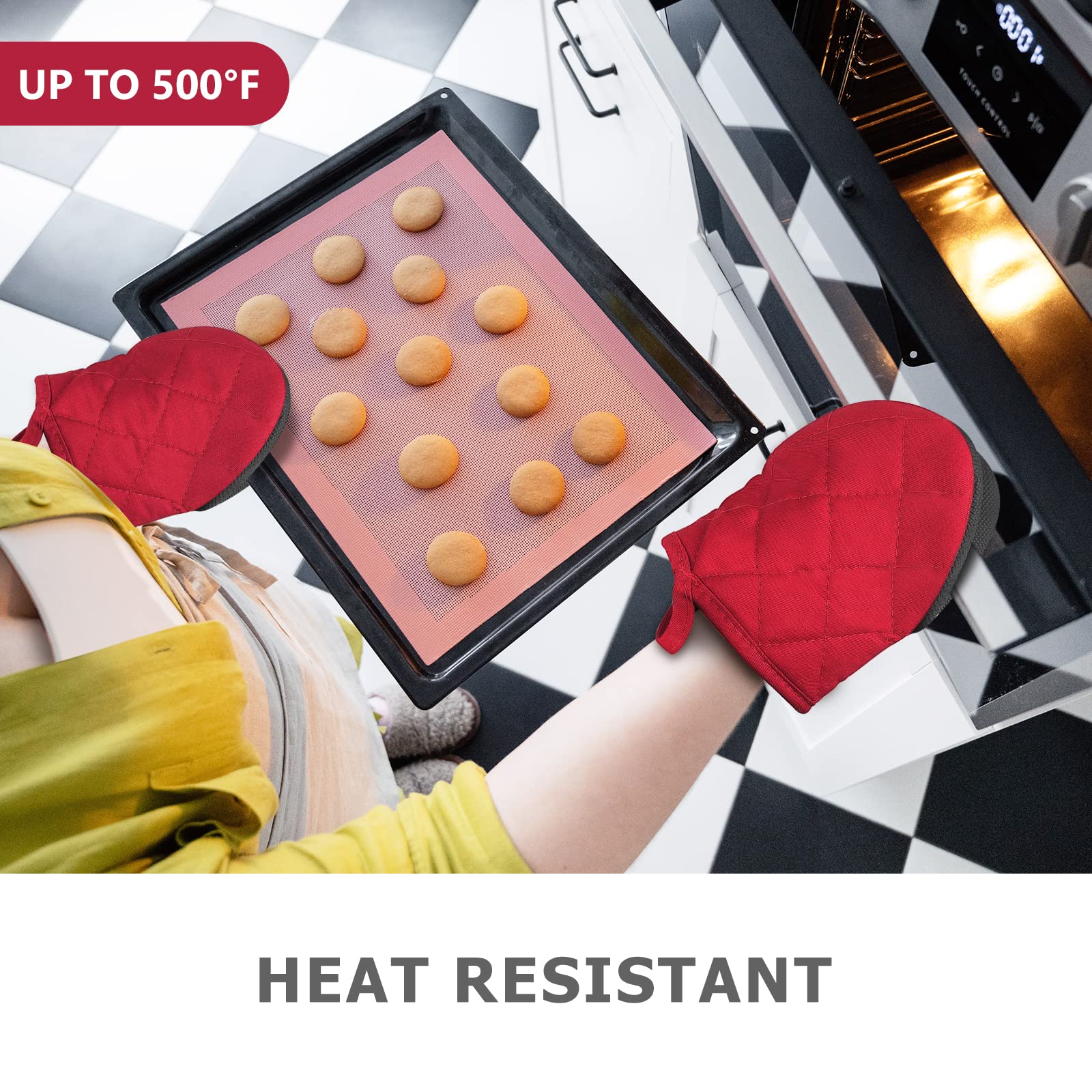 Short Oven Mitts, Heat Resistant 500°F, Silicone Grip Kitchen Gloves, Non-Slip for Baking, Grilling, BBQ, Machine Washable with Hanging Loop, 2-Pack Set, Red