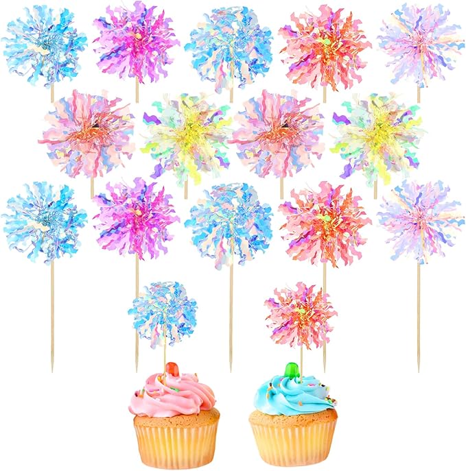 14Pcs Foil Firework Cupcake Toppers, Sparkle Tinsel Cake Toppers, Tinsel Drink Cake Decoration, Cocktail Food Fruit Toothpick for Cake Decoration Party Supplies