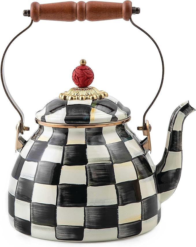 MACKENZIE-CHILDS Tea Kettle, Green-and-White Emerald Check