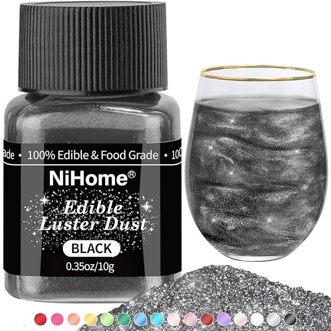 NiHome Edible Food-Grade Glitter Powder Glimmer Luster Dust Metallic Fancy Food Decorating Sprinkle Glimmery Dust for Drink Wine Beverage Cake Bakery Vegan Allergen-Free (Black, 0.35oz/10g)