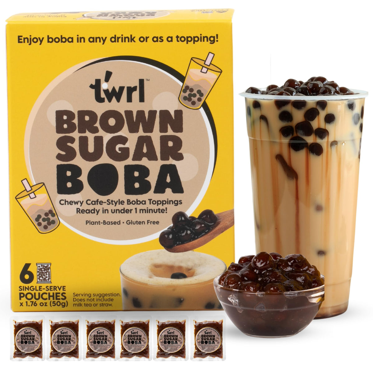 Twrl Brown Sugar Boba Pearls for Bubble Tea, 6 Single-Serve Packs