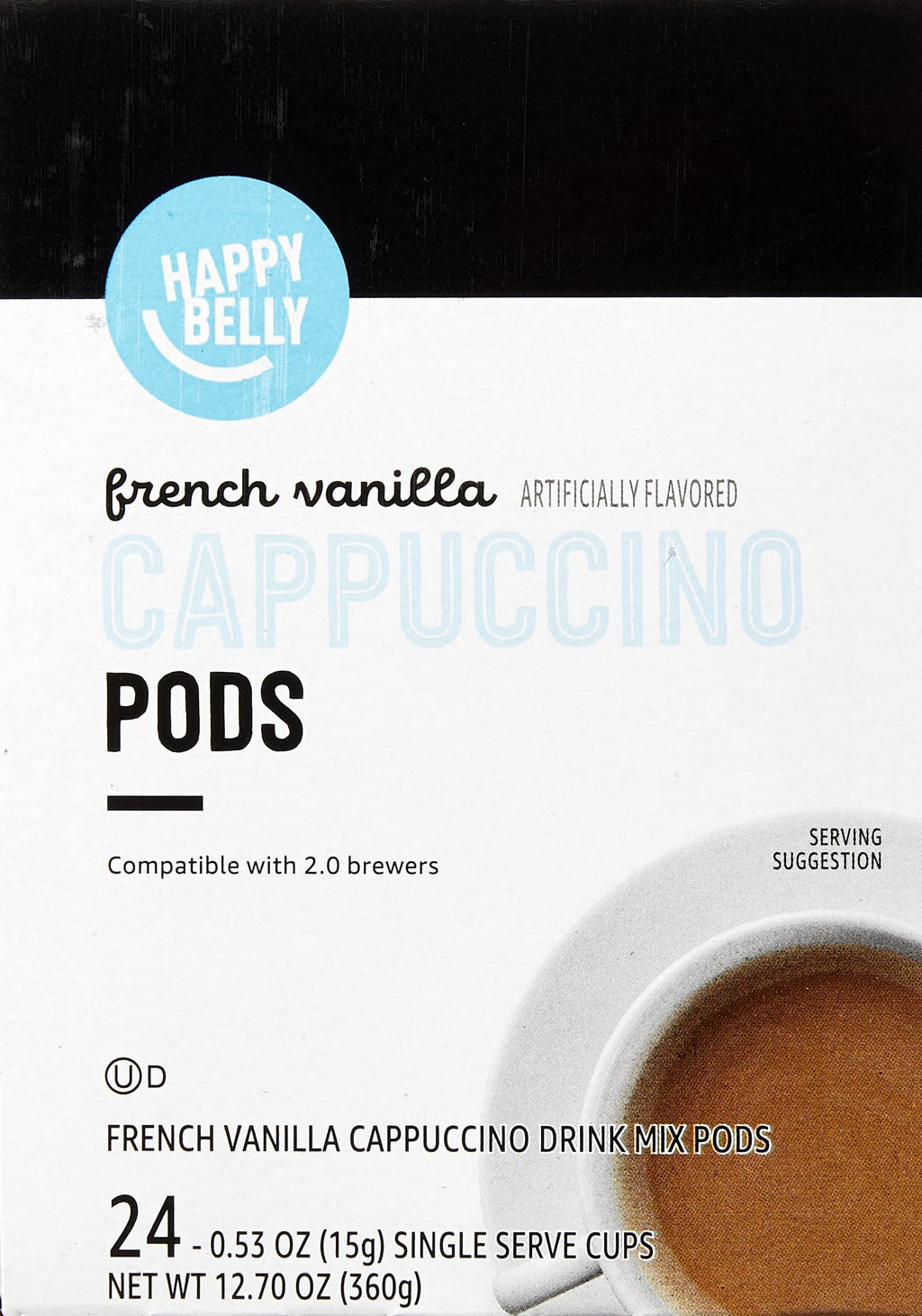 Amazon Brand - Happy Belly Cappuccino Coffee Pods Light Roast Compatible with 2.0 K-Cup Brewers,French Vanilla Flavored,1.5 pound,24 Count (Pack of 2)