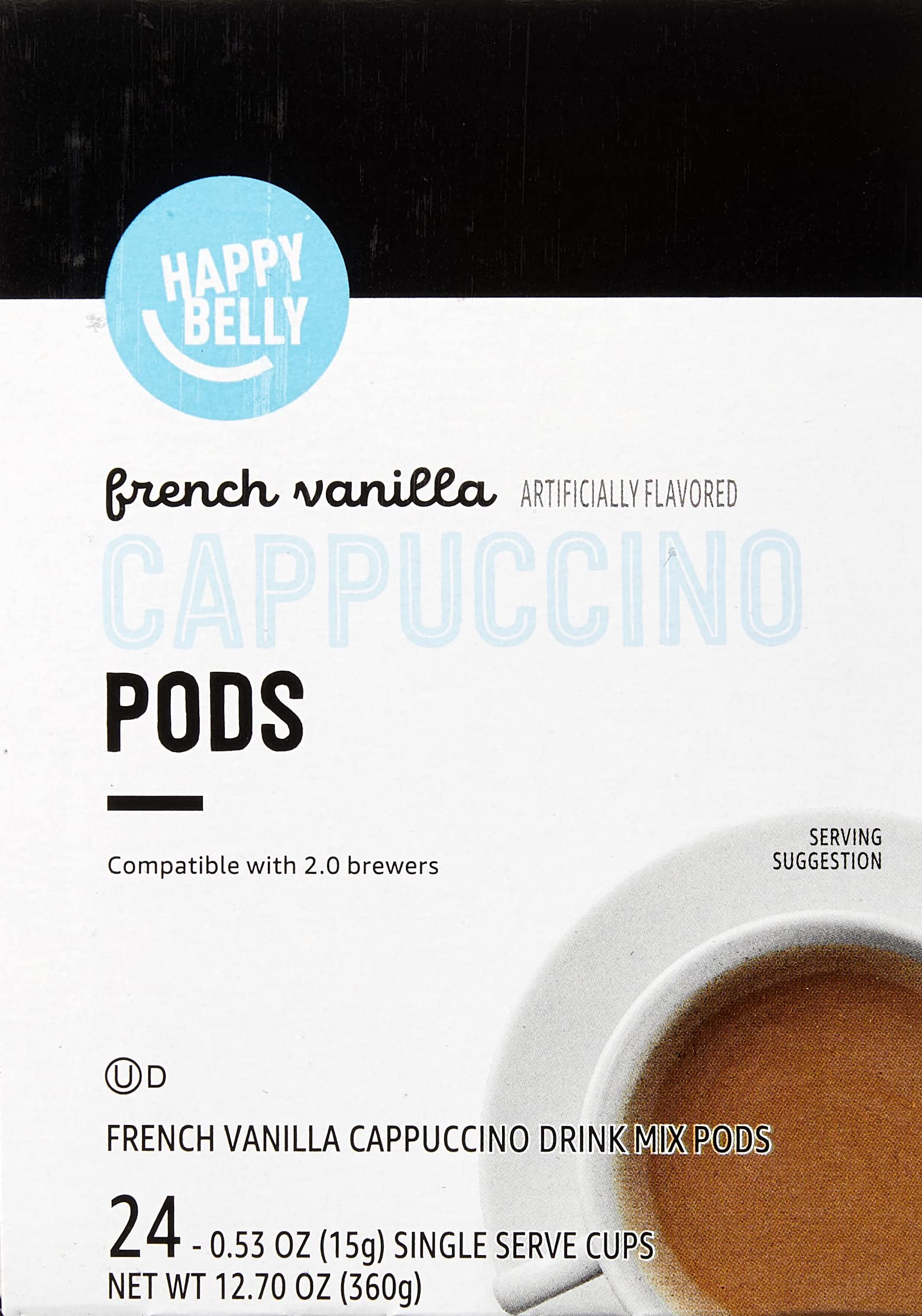 Amazon Brand - Happy Belly Cappuccino Coffee Pods Light Roast Compatible with 2.0 K-Cup Brewers,French Vanilla Flavored,1.5 pound,24 Count (Pack of 2)