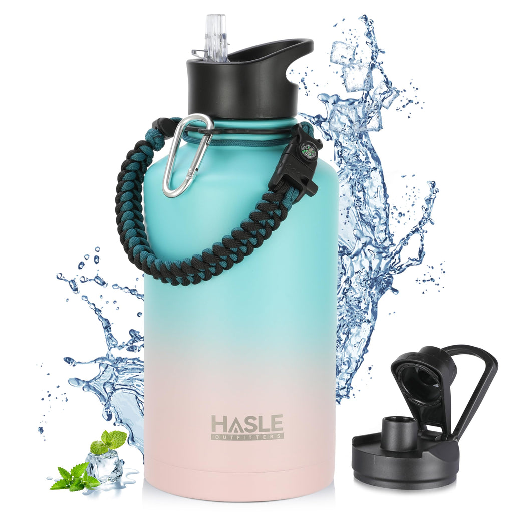 HASLE OUTFITTERS Half Gallon Insulated Water Bottles 64 oz, Stainless Steel Metal Water Jug with 2 Lids Keep Cold 48h/Hot 24h, Leak Proof & BPA-Free Water Flask Jug(Pink Blue Gradient,1)