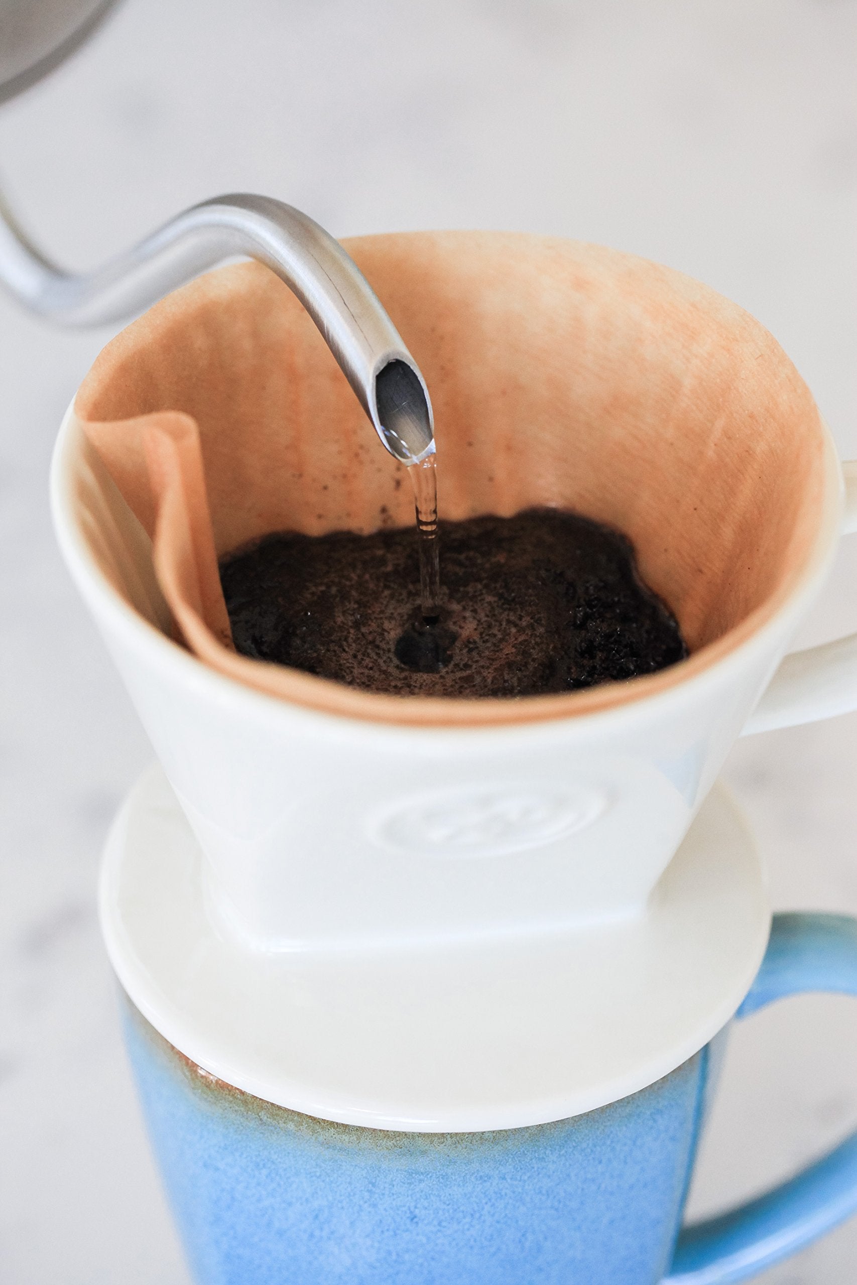 Simply Charmed Ceramic Pour Over Coffee Maker with 40 Count Melitta Filters - Elegant Single Serve Coffee Dripper for Rich Brewed Pour Over Coffee - Base Measures 4", Height 3" - Brews 8-16 oz