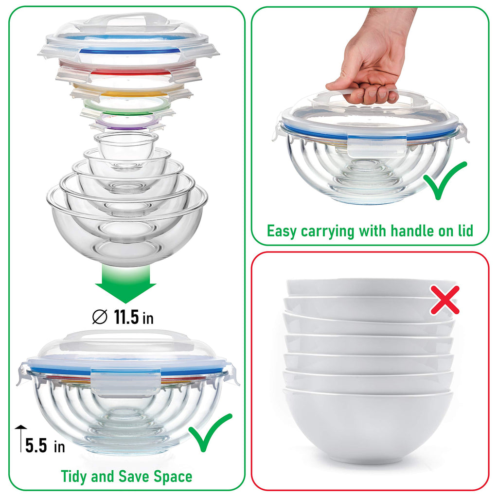 dokaworld Set of 5 Stackable Space-Saving Nesting Glass Bowls with BPA Free Lids for Foodprep, Storage, Baking, Mixing & Cooking, Microwave Safe - Durable Inert Borosilicate Glass