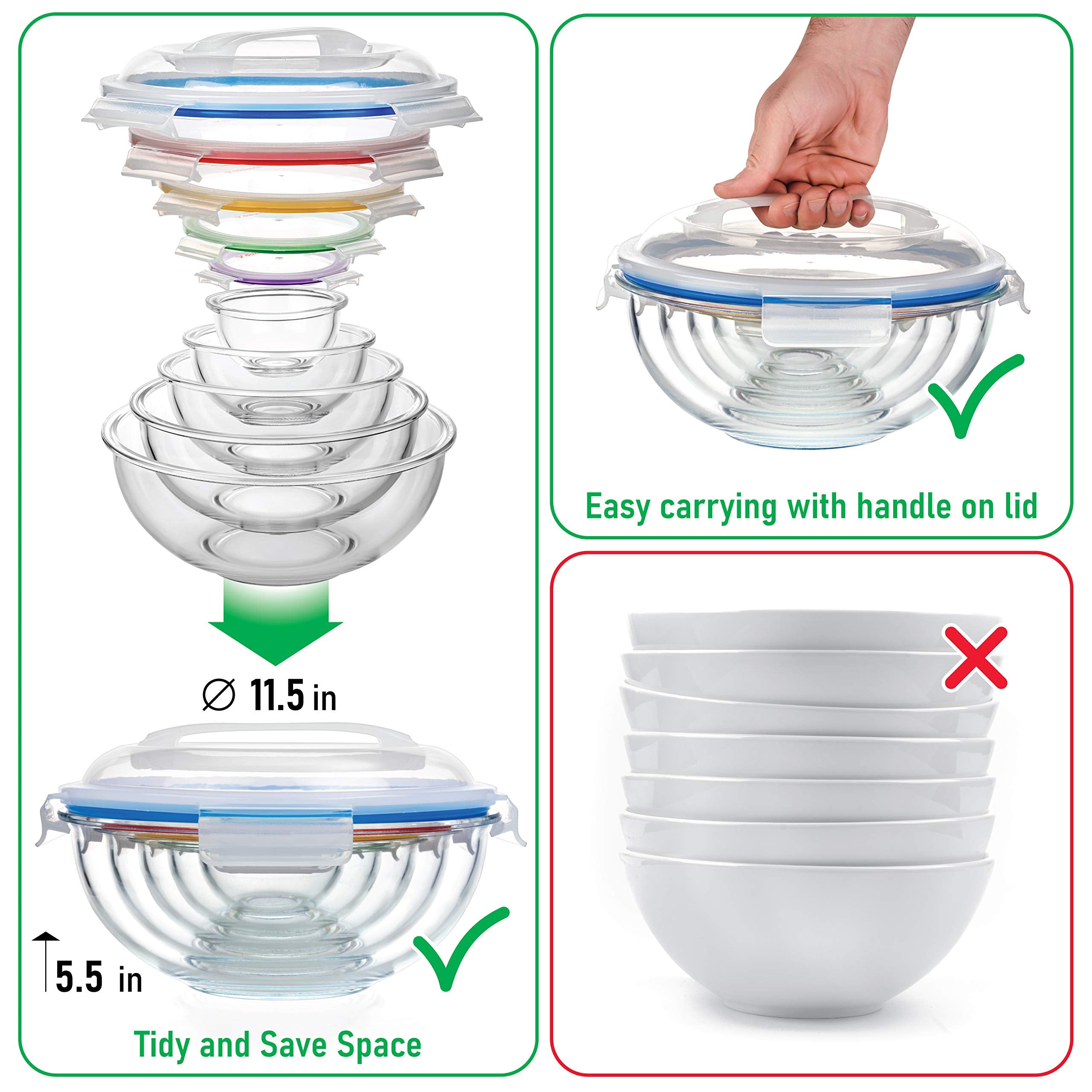 dokaworld Set of 5 Stackable Space-Saving Nesting Glass Bowls with BPA Free Lids for Foodprep, Storage, Baking, Mixing & Cooking, Microwave Safe - Durable Inert Borosilicate Glass