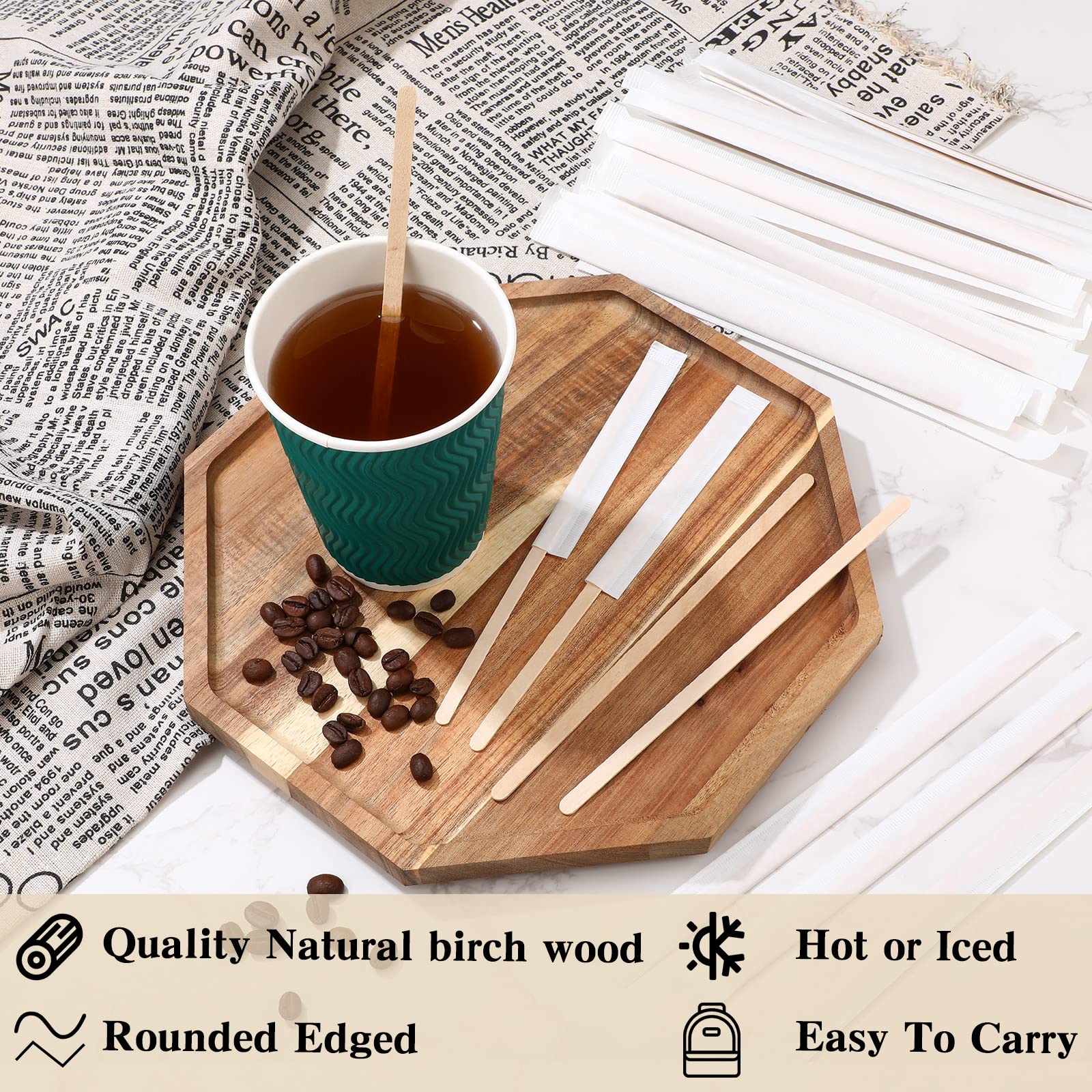 Amyhill 3000 Pcs Individually Wrapped Wooden Coffee Stirrers, Disposable Coffee Stir Sticks Round End Sticks Bulk Wood Stirrers for Cocktail Hot Drinks Restaurant Bar Home Office (7 Inch)