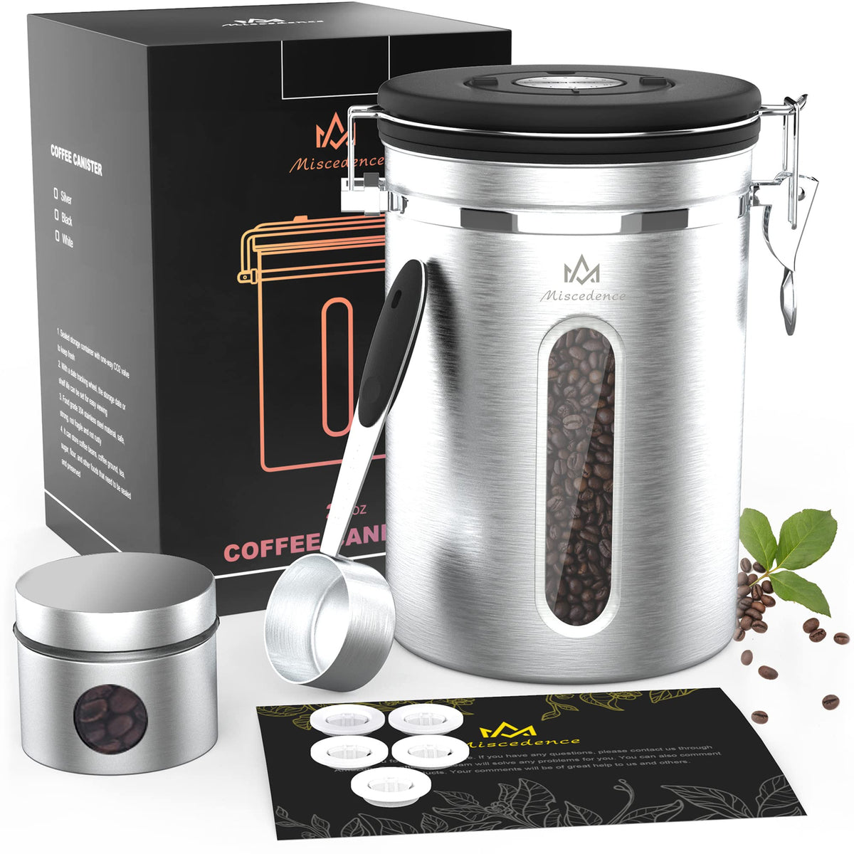 Miscedence Coffee canister set for ground coffee with Date Tracker Travel Coffee jar,Stainless Steel Kitchen Food Airtight storage container for Coffee Beans or Grounds,Tea,Sugar (22oz-Black)