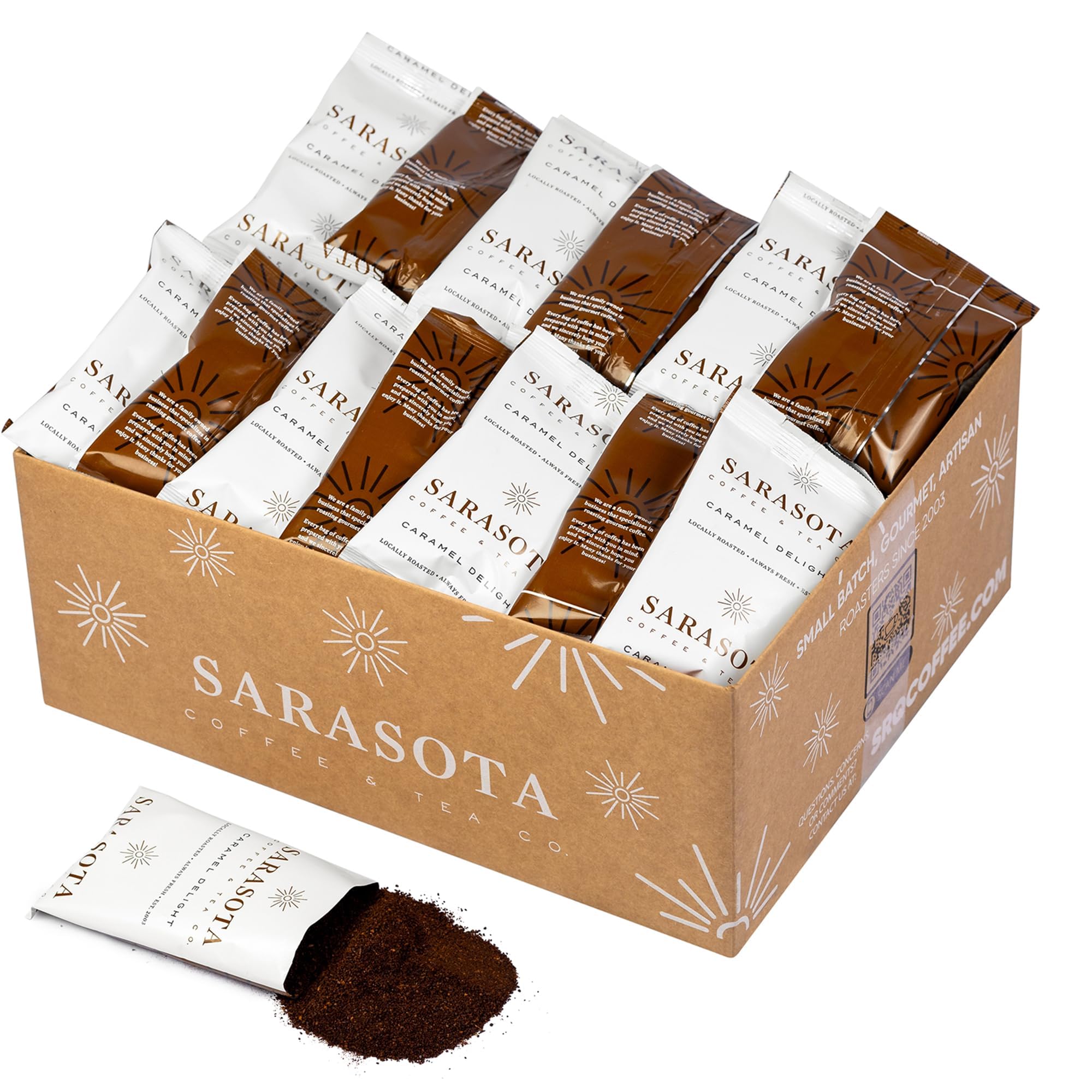 Coffee Packets – Salted Caramel Flavored Ground Coffee Packs | Gourmet Medium Roast, Low Acid Mold Free Pre-Measured Pouches for 12 Cup Brewers | 2 oz Single-Pot Bags, 36 Count – Sarasota Coffee