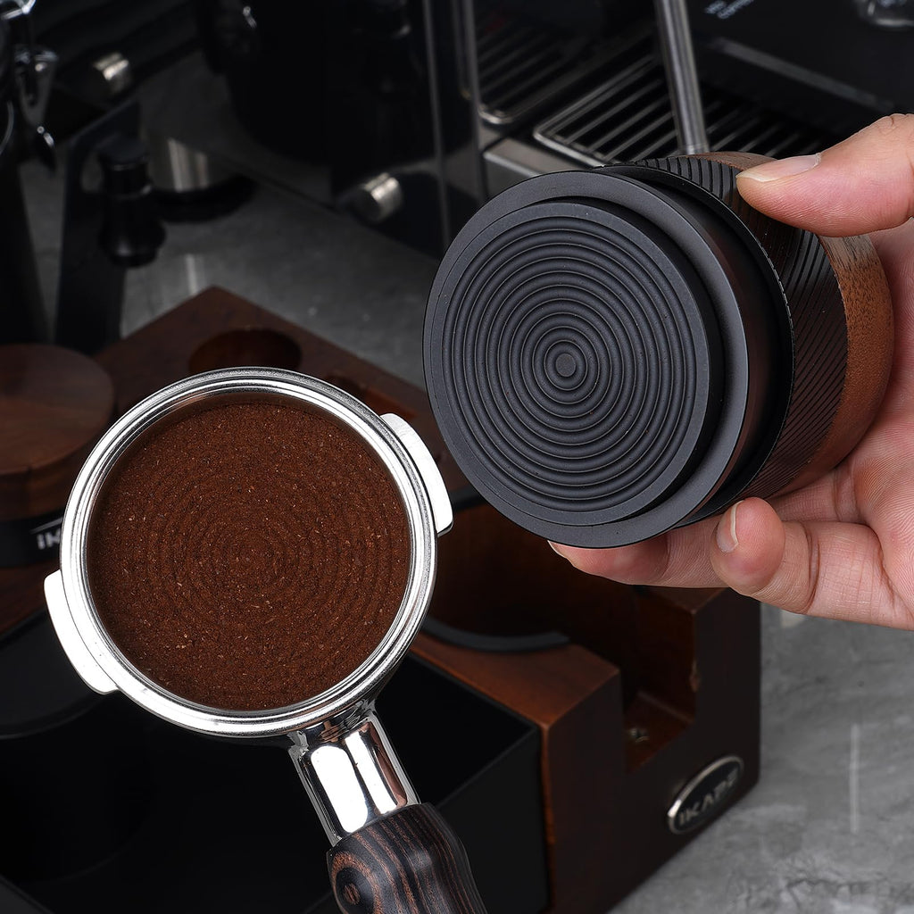 IKAPE 53MM Espresso Tamper, New Wooden Handle Design，Premium Barista Coffee Calibrated Tamper with Spring Loaded, 100% Stainless Steel Tamper Compatible with All 54MM Bottomless Portafilter