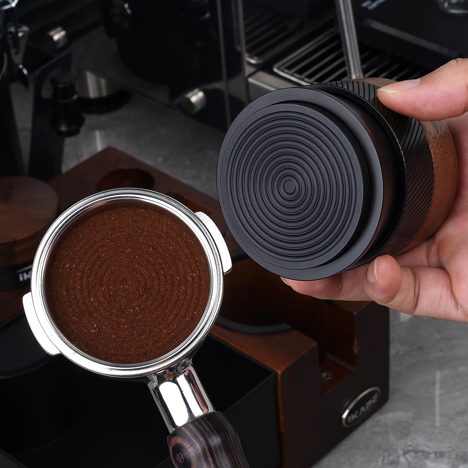 IKAPE 53MM Espresso Tamper, New Wooden Handle Design，Premium Barista Coffee Calibrated Tamper with Spring Loaded, 100% Stainless Steel Tamper Compatible with All 54MM Bottomless Portafilter