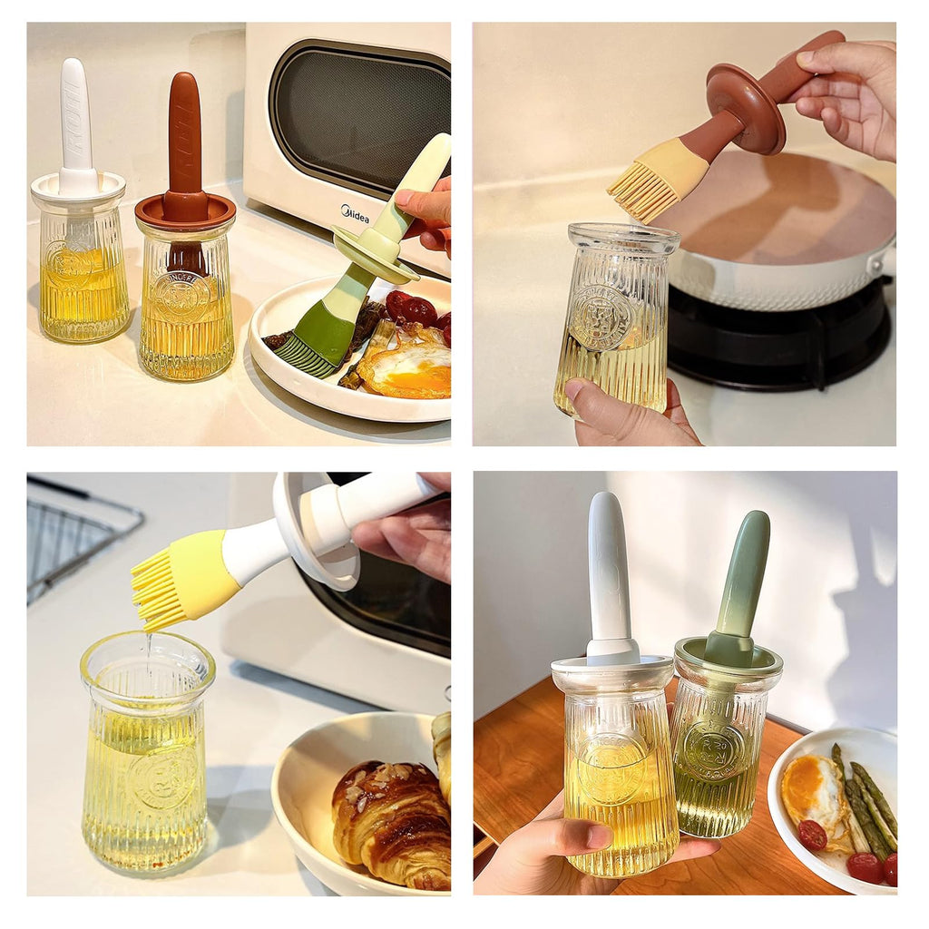 Uteynee Oil Dispenser with Brush - Glass Olive Oil Dispenser for Kitchen, 3 IN 1 Oil Dispenser Bottle with Silicone Basting Brush for Cooking Vinegar Sauce BBQ Grill Frying (Green/White)