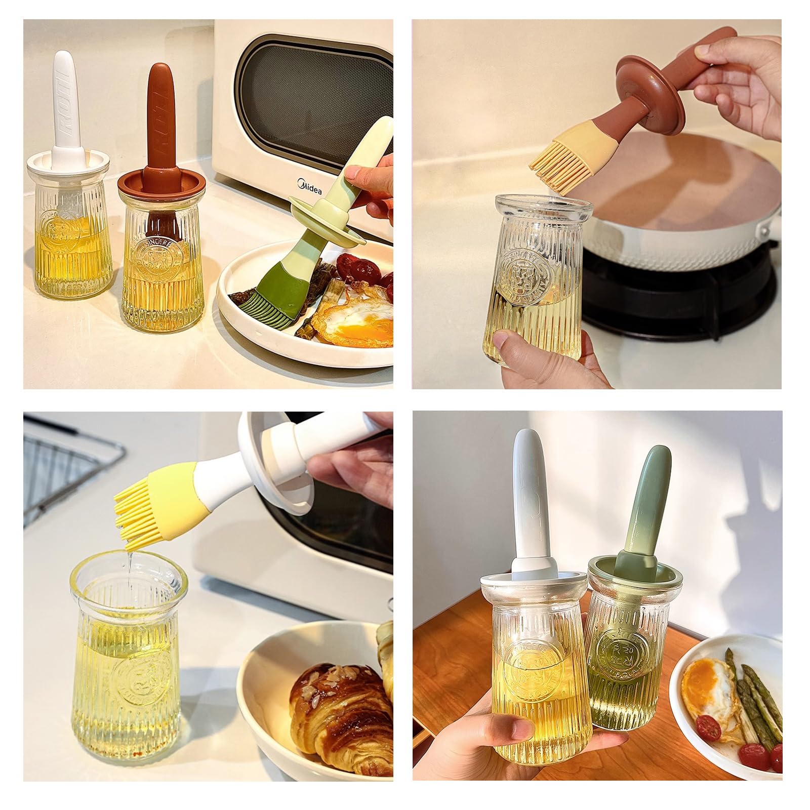 Uteynee Oil Dispenser with Brush - Glass Olive Oil Dispenser for Kitchen, 3 IN 1 Oil Dispenser Bottle with Silicone Basting Brush for Cooking Vinegar Sauce BBQ Grill Frying (Green/White)