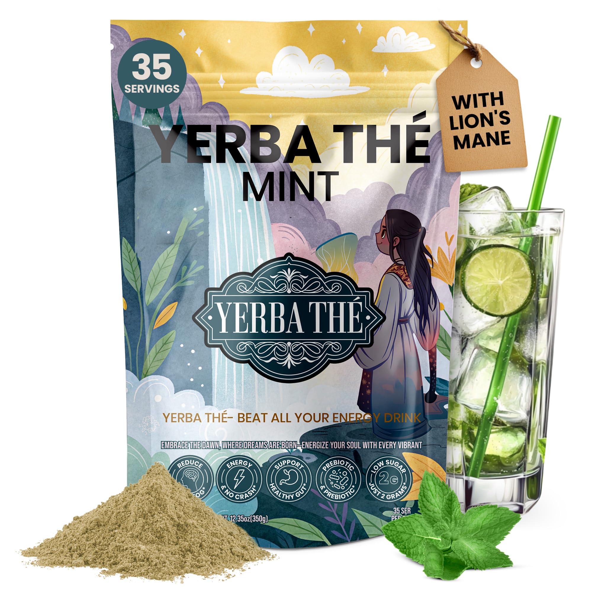 Yerba Mate Instant Tea Powder - Sugar Free Organic Yerba Mate Tea 350g - Supports Gut Health with Probiotics & Prebiotics, Brain Fog Relief, Clean Energy, Focus & Relaxation - Mint - 35 Servings