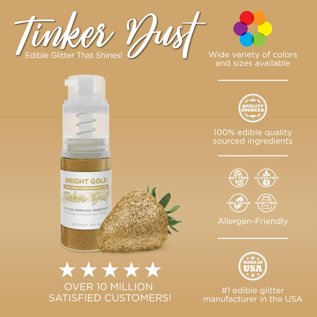 Bakell - Bright Gold Tinker Dust (4g, 1x Mini Spray Pump) Edible Glitter for Food, Desserts, and Baked goods!
