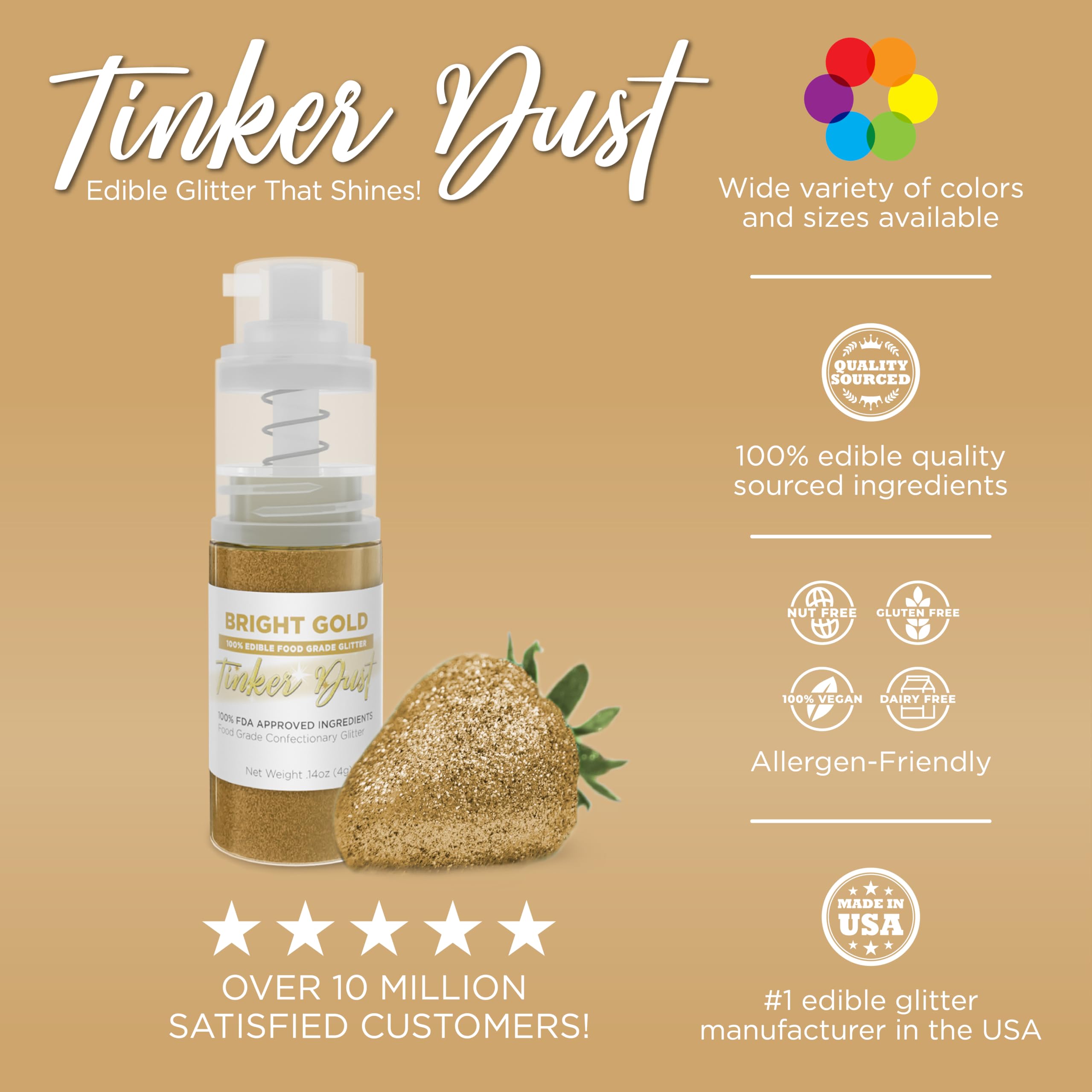 Bakell - Bright Gold Tinker Dust (4g, 1x Mini Spray Pump) Edible Glitter for Food, Desserts, and Baked goods!