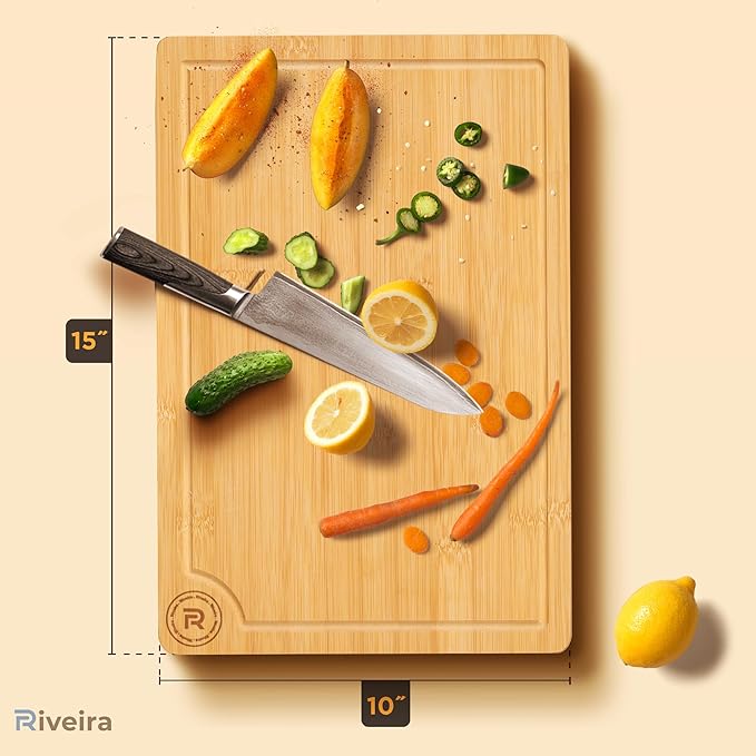 Riveira Wood Cutting Board – Gourmet Bamboo Grandeur: 15 x 10 Inches Wooden Cutting Boards For Kitchen – Natural Cutting Boards For Kitchen – Innovative Juice Grooves Non Toxic Cutting Board