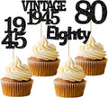 Gyufise 24Pcs Vintage 1945 Cupcake Toppers Glitter Cheers to 80 Fabulous Eighty Cupcake Picks 80th Birthday Wedding Anniversary Party Cake Decorations Supplies Black