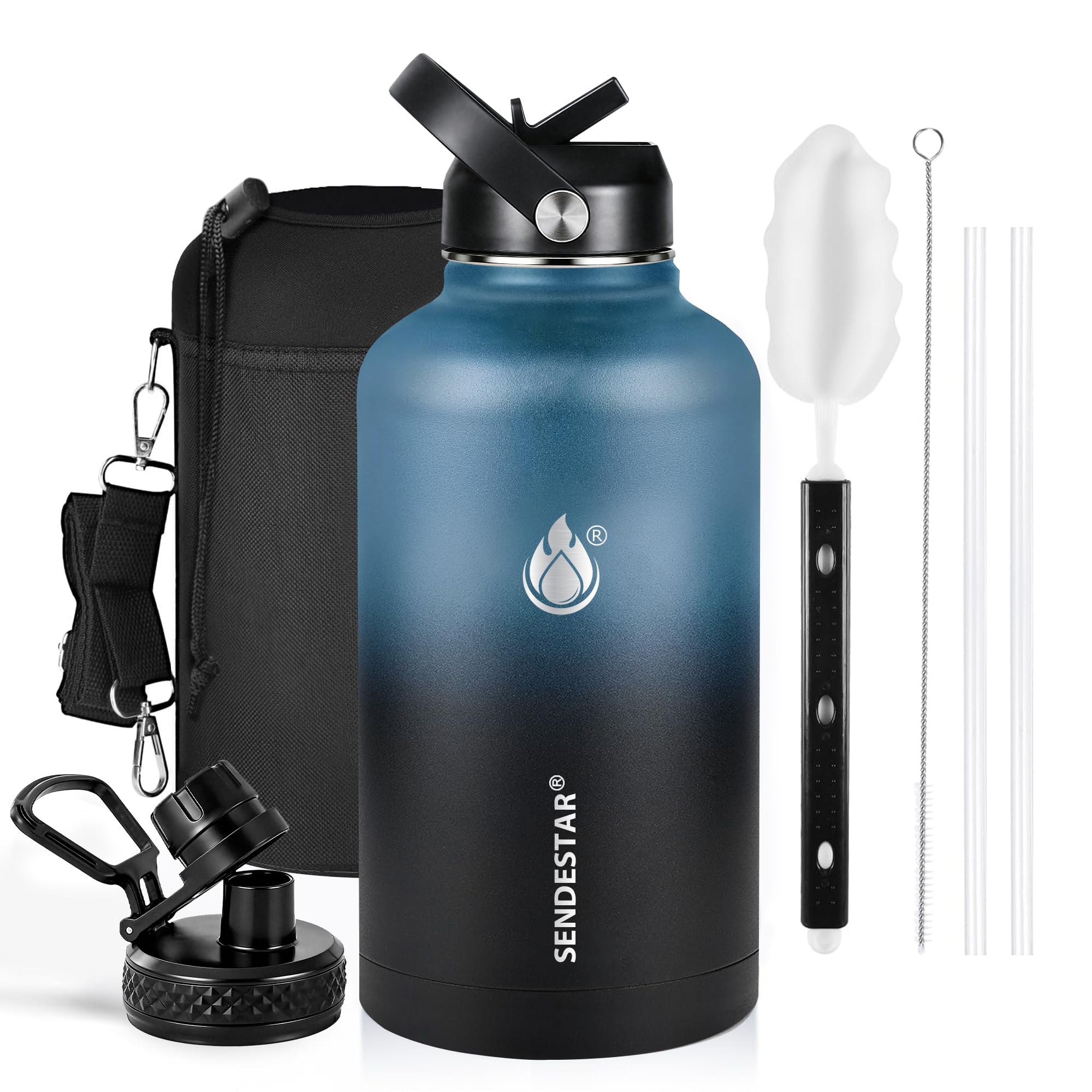 Insulated Water Bottle 64 oz, Triple Wall Vacuum Stainless Steel Water Bottles (Cold for 48 Hrs), Leak Proof & Non-BPA, Half Gallon Water Flask Jug Wide Mouth Straw Lid & Spout Lid