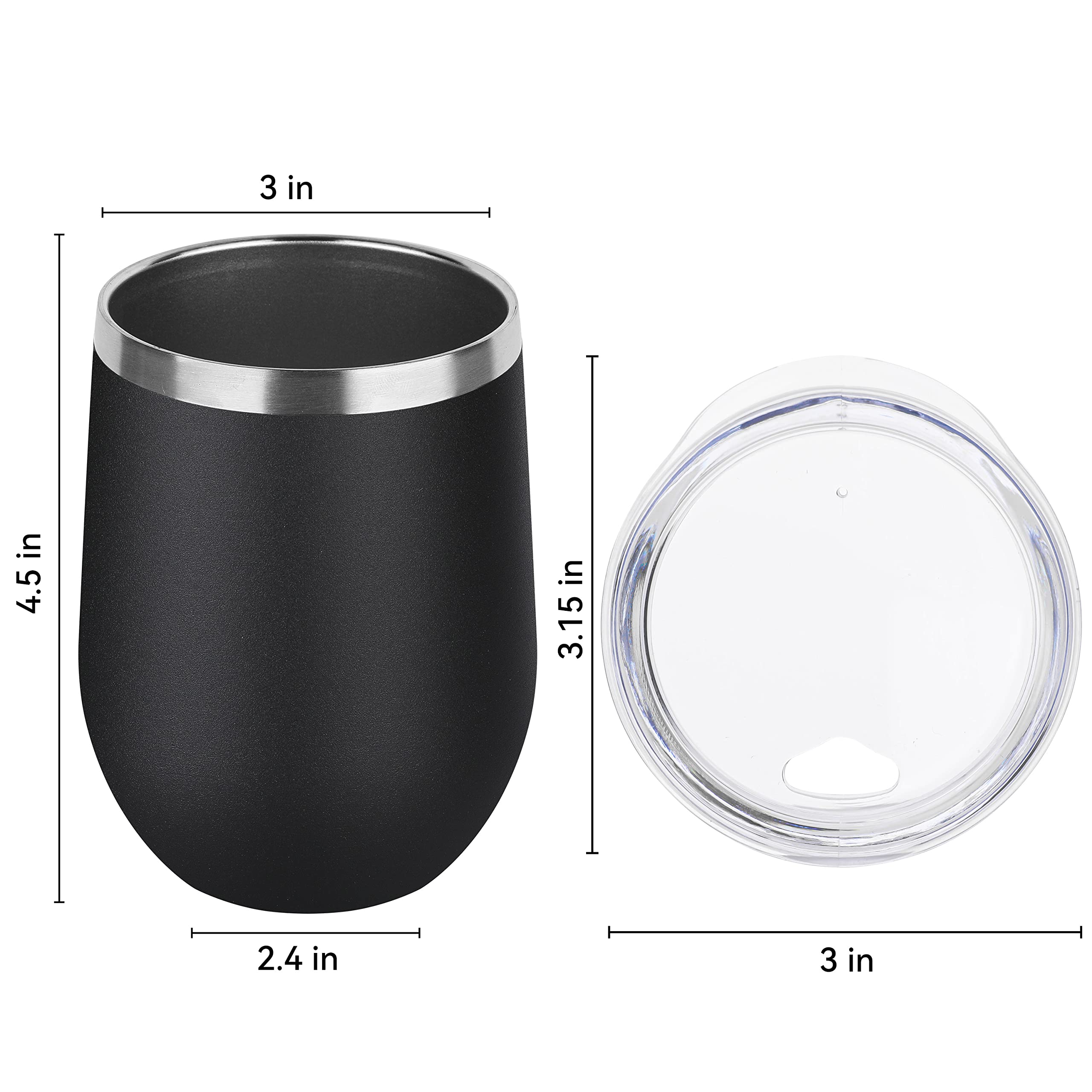 DOMICARE Stainless Steel Wine Tumbler Bulk with Lid, Personalized Insulated Tumblers Set, 12oz Travel Coffee Cups Pack of 4, Black