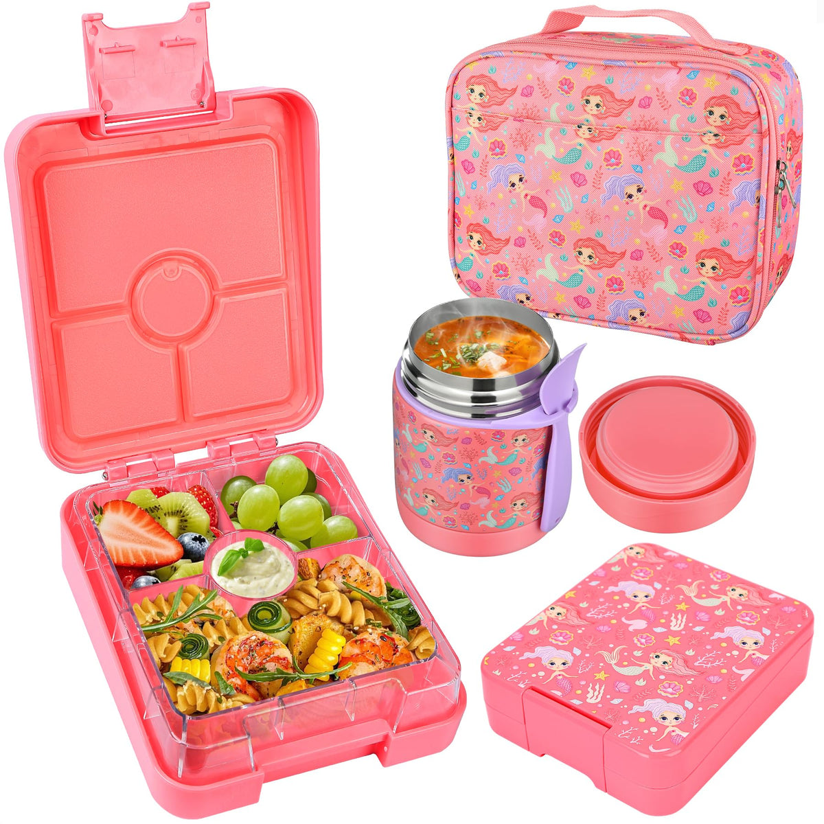 Pawtong Bento Lunch Box Set With 10oz Soup Thermo, Leak-proof Lunch Containers with 4 Compartment, Kids Hot Thermo Food Jar/Insulation Lunch Bag, Food Containers for School（Flamingo）