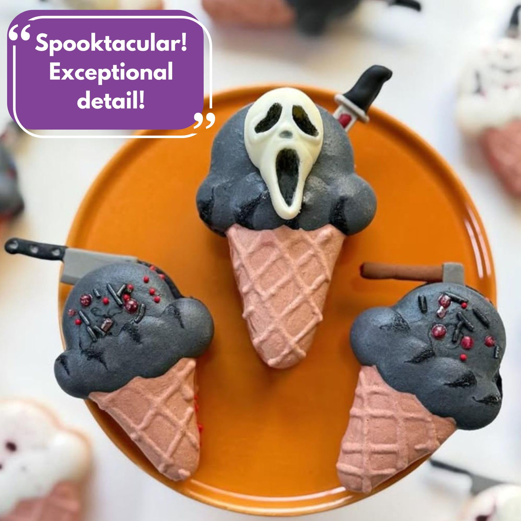 ShapedIceMolds Horror Movie Character Molds – Slasher Character Silicone Molds for Chocolate, Candy, Resin, Crafts – 3D Scary Film Icons for Party Treats & DIY Decor (Orange)