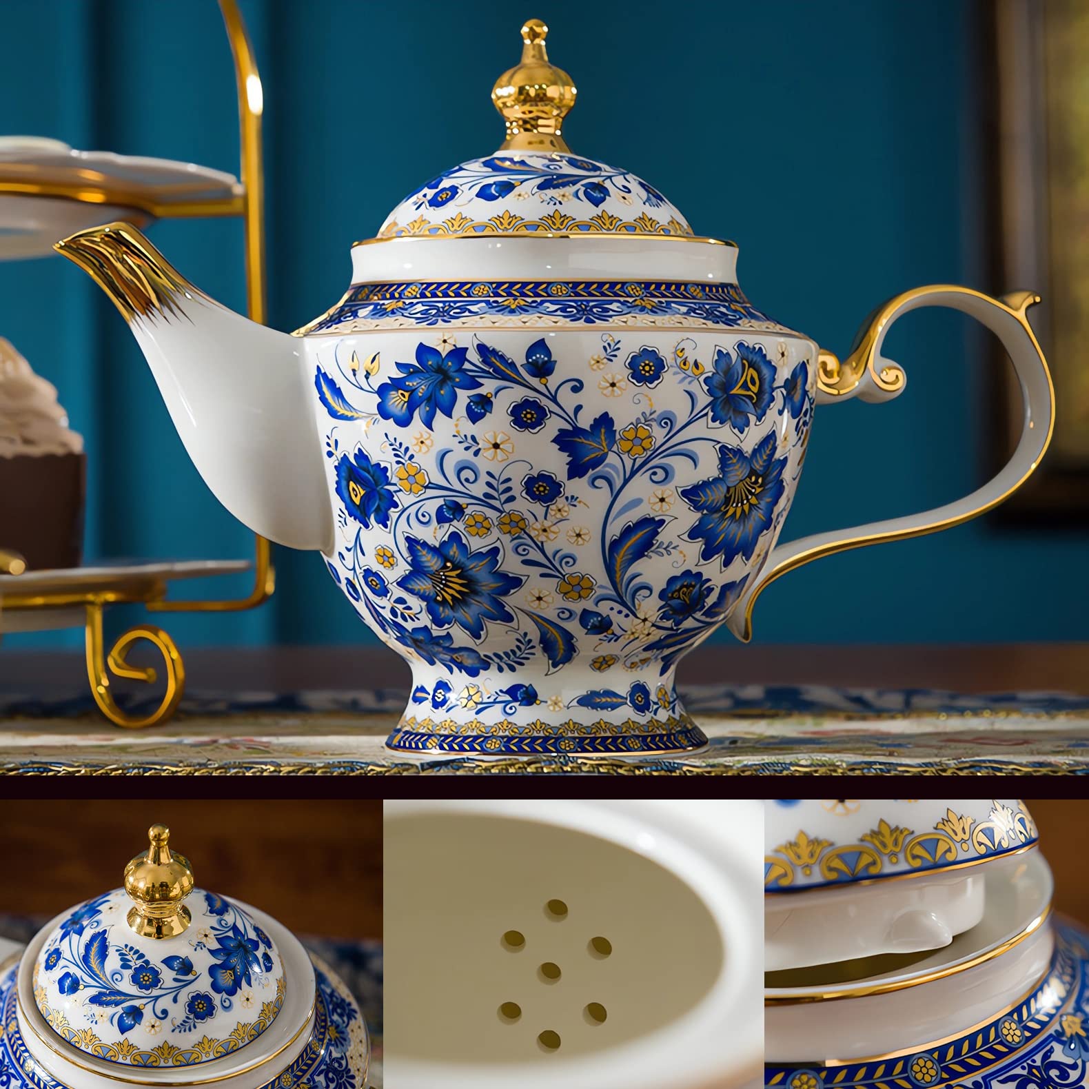ACMLIFE Tea Set for Adults, Vintage Tea Sets, Bone China Tea Set, Tea Cup Set Porcelain Tea Set for 6, Floral Tea Cup Set With Teapot, 21 Pieces Tea Party Sets for Women Gift，Mother's Day (Blue)