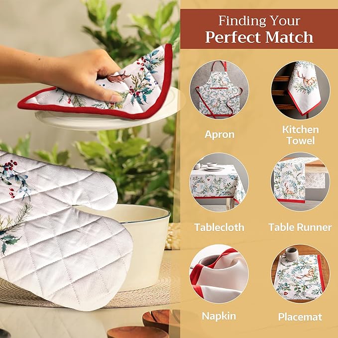 Maison d' Hermine 100% Cotton Oven Mitt & Pot Holder Set (7.5"x13" & 8"x8") Heat Resistant BBQ Cooking Gloves with Loop, Baking, Grilling, Kitchen, Handling Hot Pans (Holly Time)