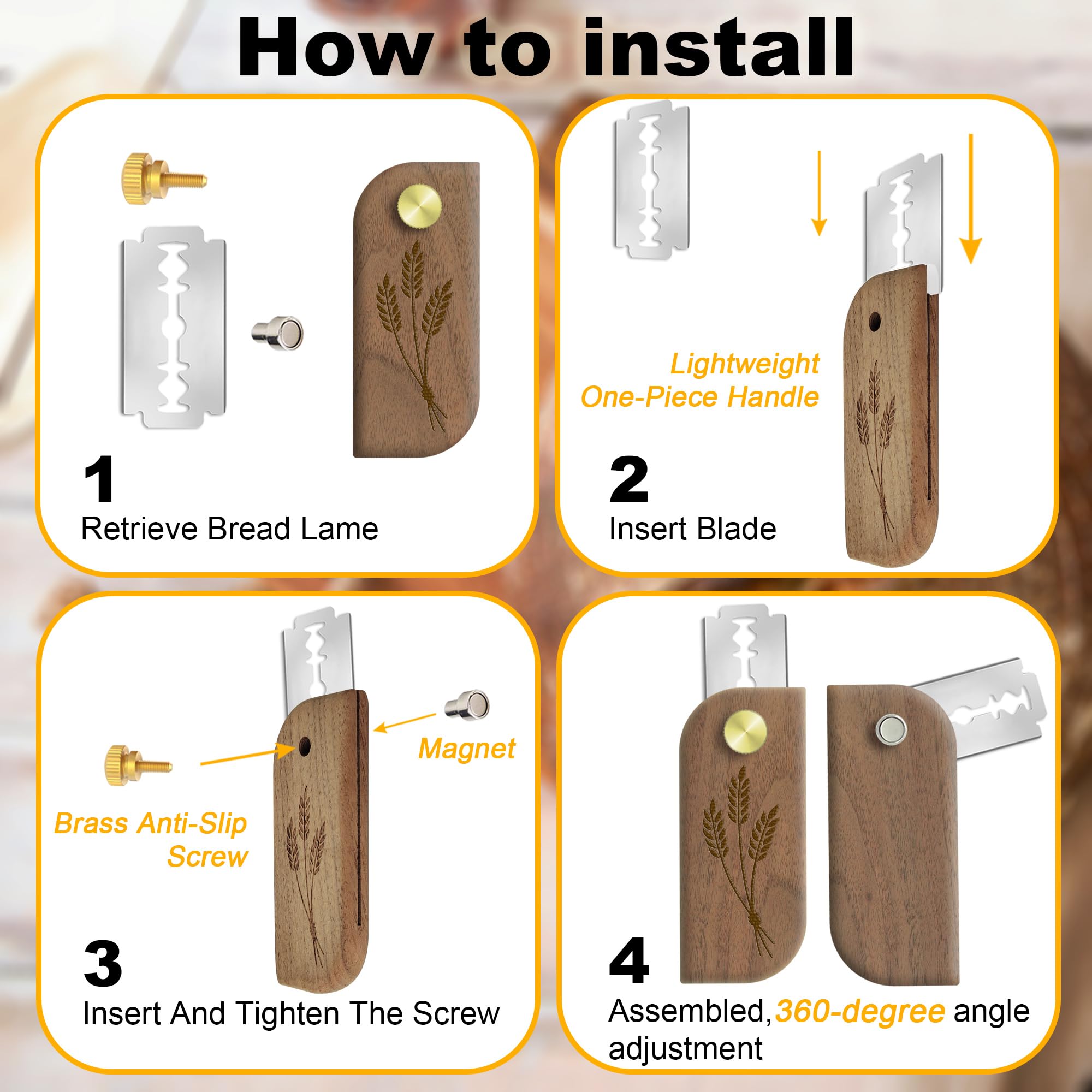 Magnetic Bread Lame Sourdough Scoring Tool Easy Scoring Knife for Bread Baking Scorer Cutter for Homemade Slashing with 10 Razor Blades - Storage Bag Included - Ergonomic Handle - Black Walnut