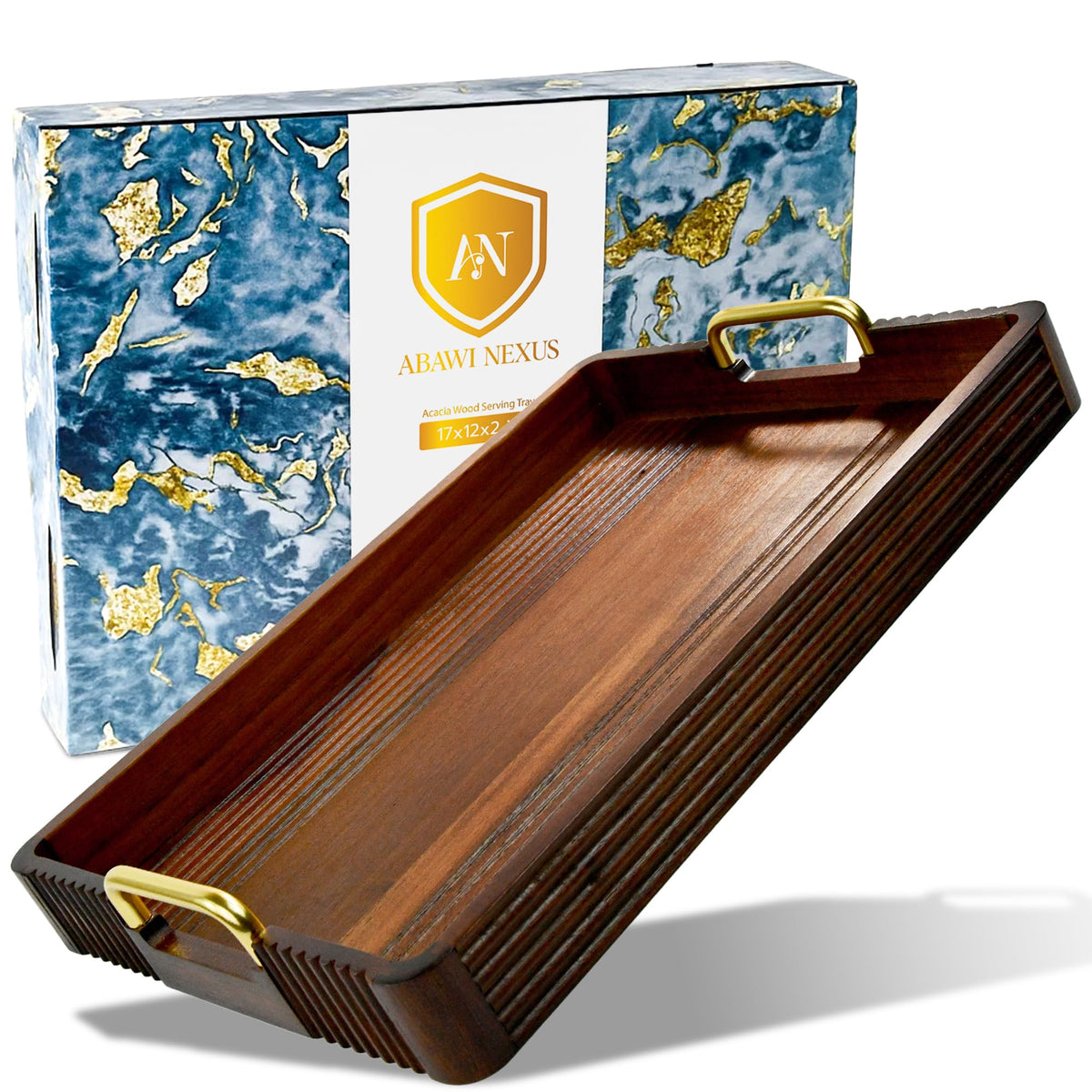 Acacia Wood Serving Tray with Metal Handle, 17x13in Tray for Ottoman