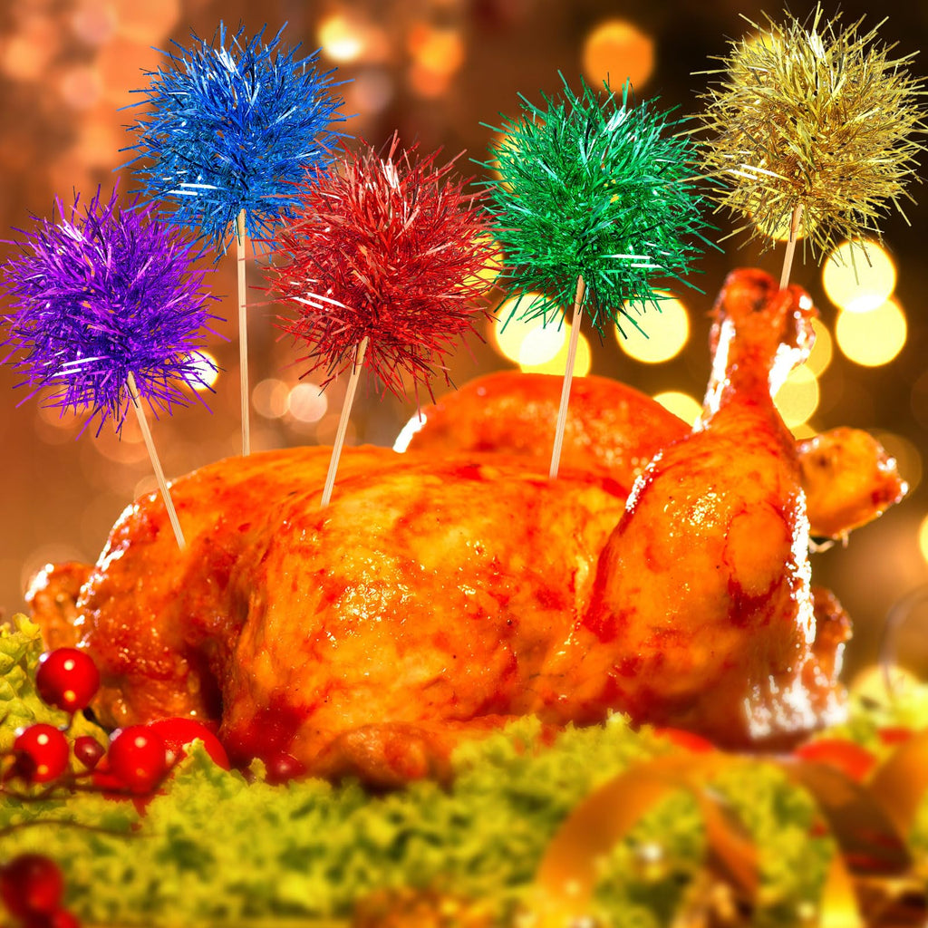 Chinco 100 Pcs Foil Firework Cupcake Toppers Sparkle Tinsel Cake Toppers Cake Decoration Cocktail Fruit Toothpick for Birthday Wedding Graduation Party(Bright Color)