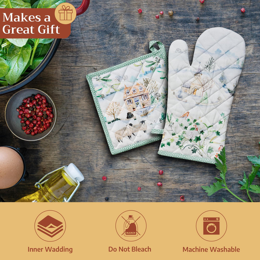 Maison d' Hermine 100% Cotton Oven Mitt & Pot Holder Set (7.5"x13" & 8"x8")
