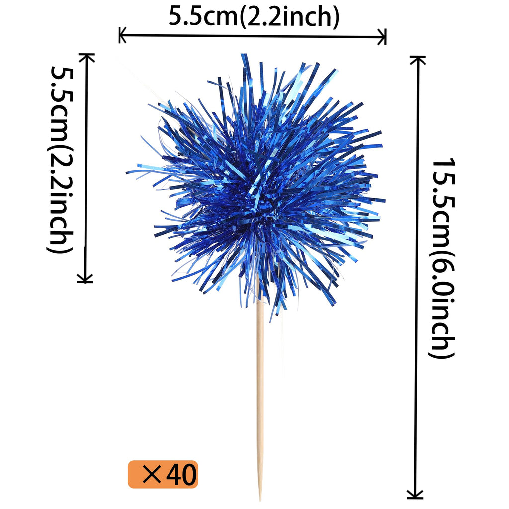 40 PCS Foil Firework Cupcake Toppers Sparkle Tinsel Cupcakae Picks Sparkler Fireworks Party Decorations Cocktail Fruit Toothpick for Birthday Wedding Graduation Party Decorations Supplies Dark Blue