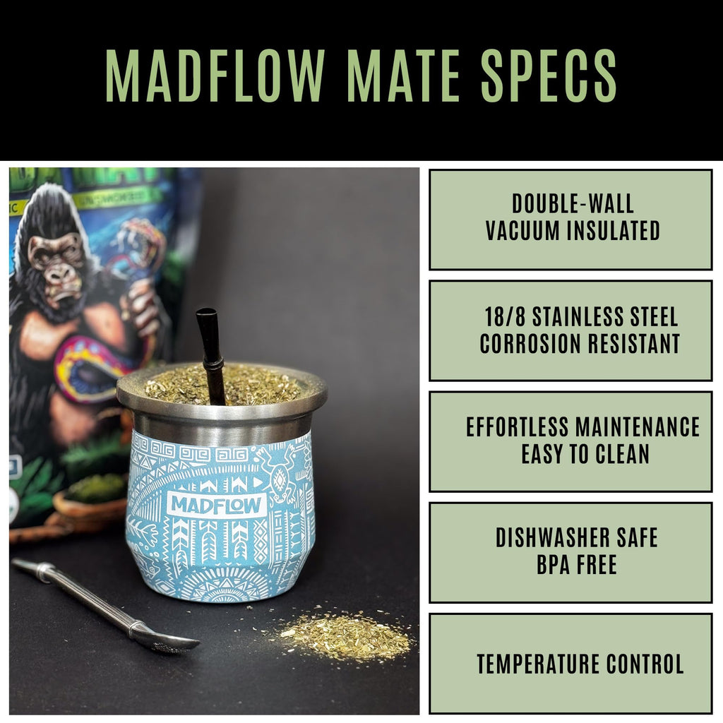 MADFLOW Yerba Mate Cup. Stainless Steel Mate Cup with 2 Bombillas. Double Wall Vacuum Insulated Yerba Mate Gourd. Unique Mate Cup And Bombilla Set
