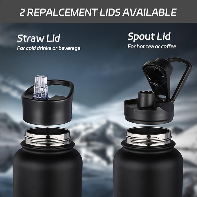 HASLE OUTFITTERS 40oz Stainless Steel Water Bottle, Vacuum Insulated Double Walled Leak Proof Sports Water Bottle with 2 Lids (Straw and Spout Lid) Thermo Mug Keep Cold and Hot(Black,4)