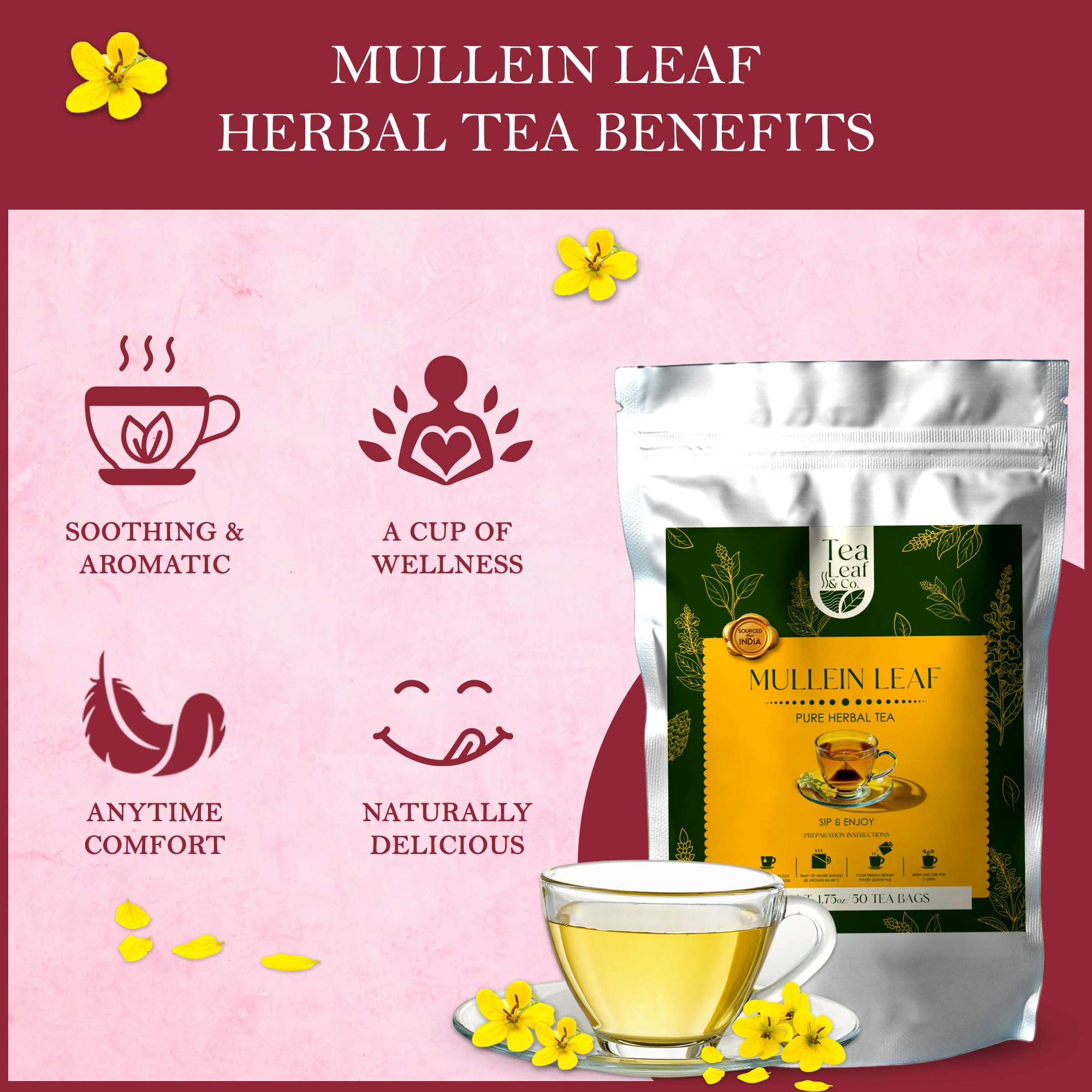Tealeaf & Co. Mullein Leaf Tea Blended with Fresh Herbs - Pure Herbal Tea Bags with Mullein Leaf Extract - Flavored Herbal Blend - Low Caffeine - Gluten Free - 50 Teabags