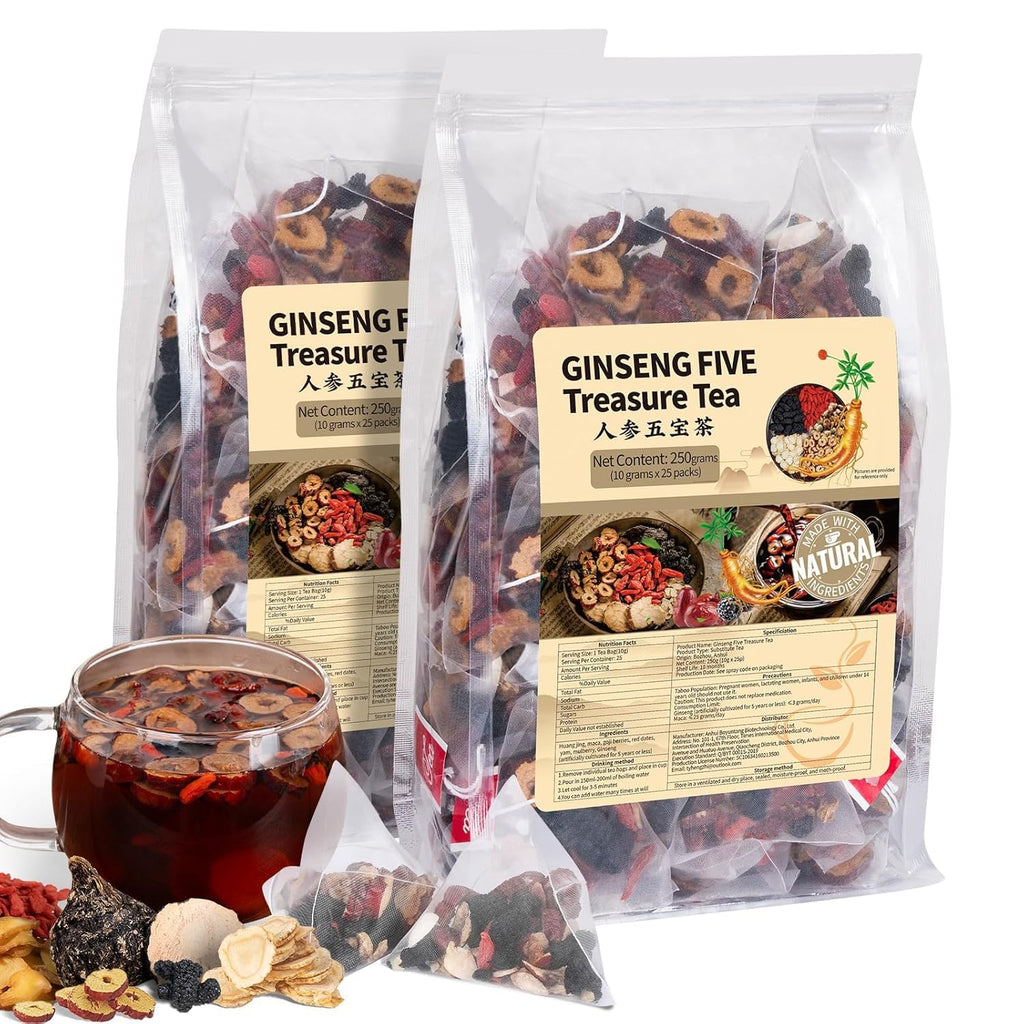 Ginseng Five Treasures Kidney Tea, Traditional Chinese Herbal TeaBags, Natural Kidney Cleanse Detox Tea for Women & Men, 7 Precious Ingredients Formula (2 Pack/50 Bags)