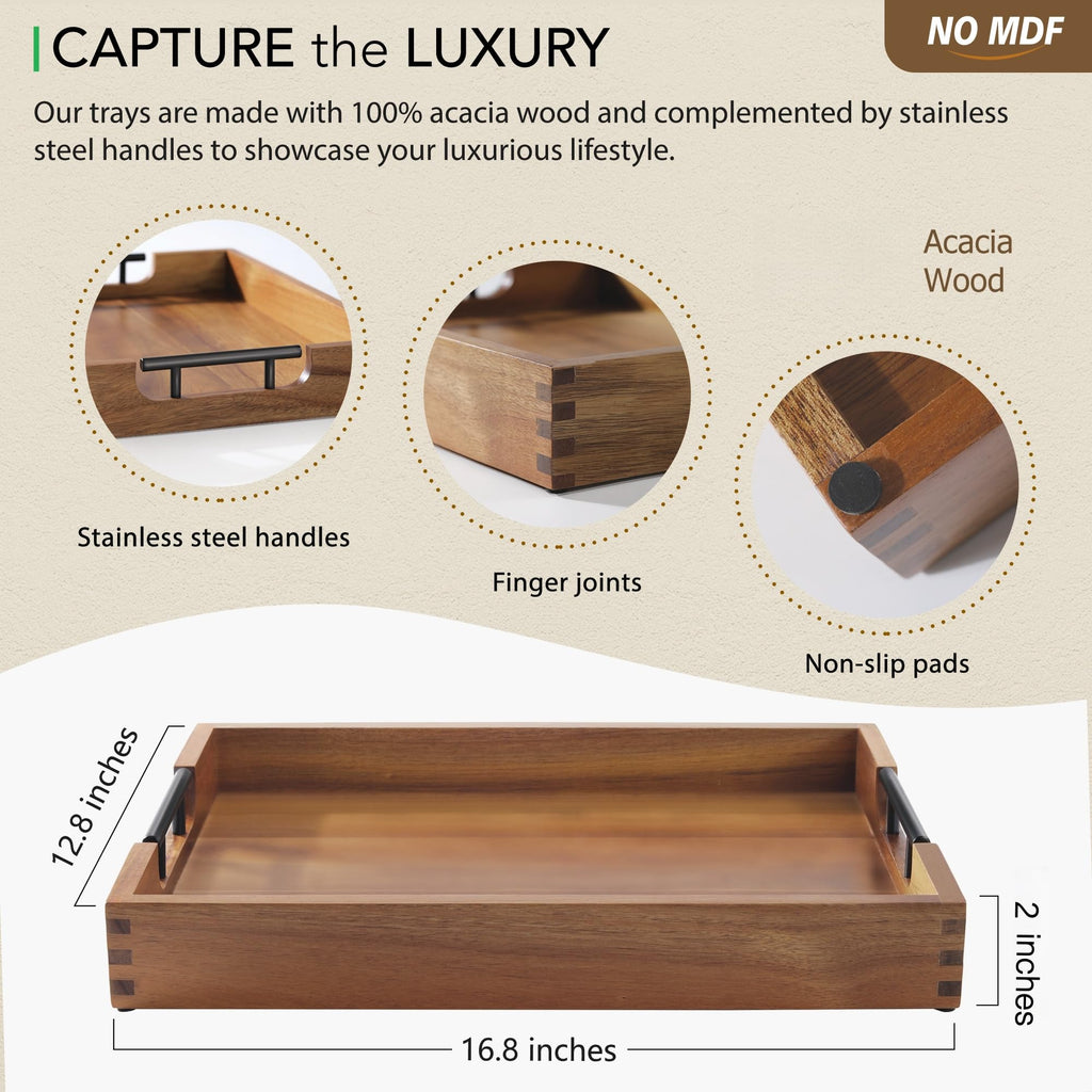 Joy&Grace Acacia Wood Ottoman Tray with Handles 16.7" x 12.8"