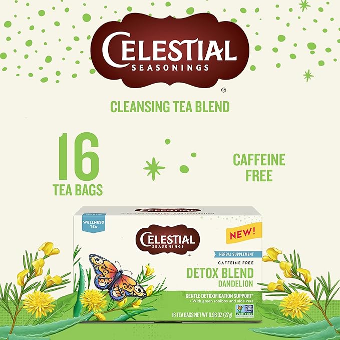 Celestial Seasonings Detox Blend Dandelion Wellness Tea, Caffeine Free, 16 Tea Bags Box