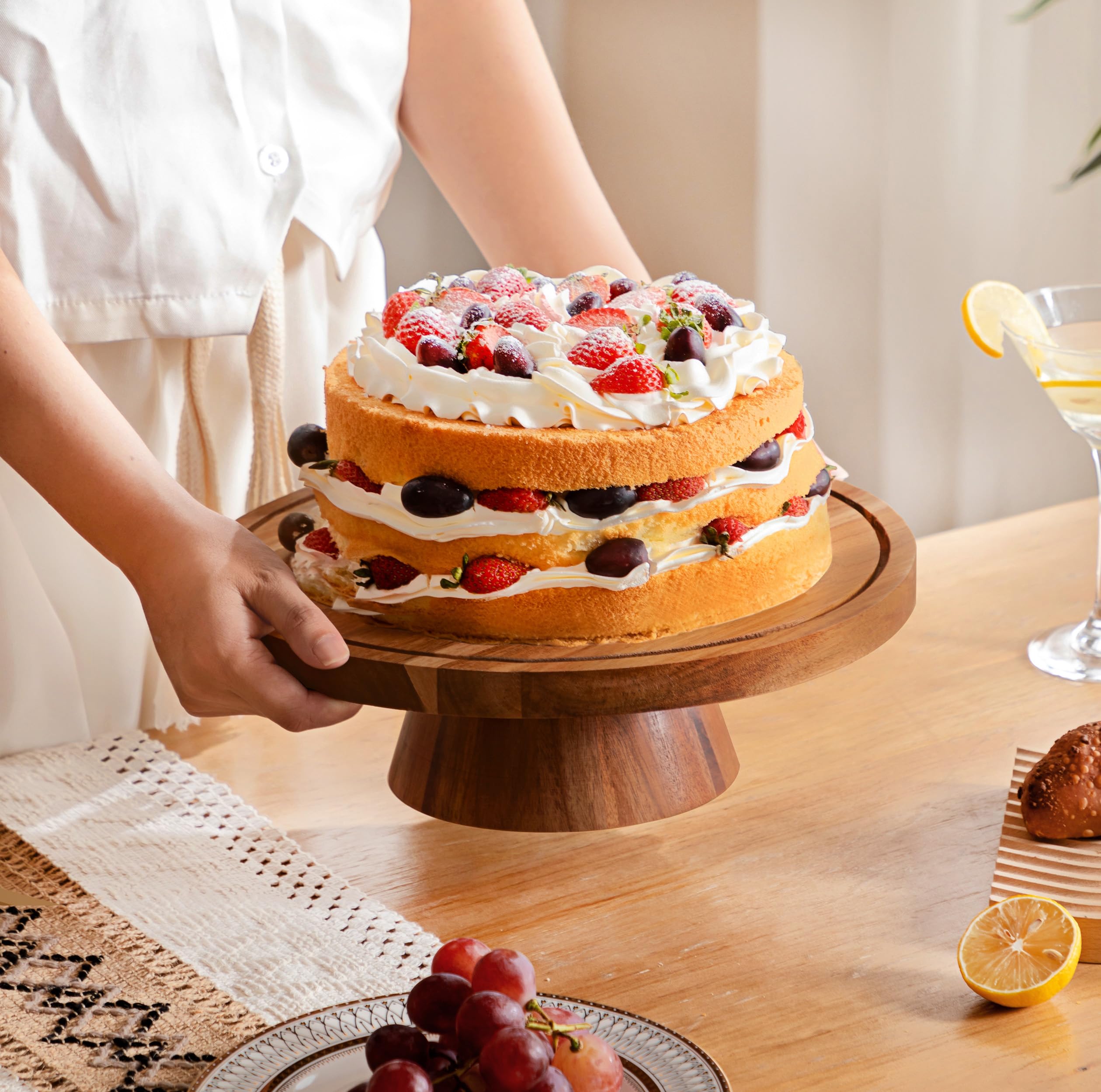 HBlife Cake Stand with Lid (11.4"), Multifunctional Cake Stand with Acrylic Dome, Acacia Wood 6-in-1 Cake Plate Display Stand with Cover for Baking Gifts, Birthday Kitchen Parties, Weddings