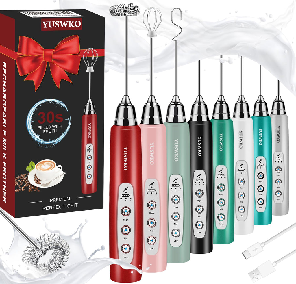 YUSWKO Handheld Milk Frother Wand for Coffee, Rechargeable Electric Whisk with 3 Heads 3 Speeds Drink Mixer Coffee Frother For Latte, Cappuccino, Hot Chocolate, Egg, Red