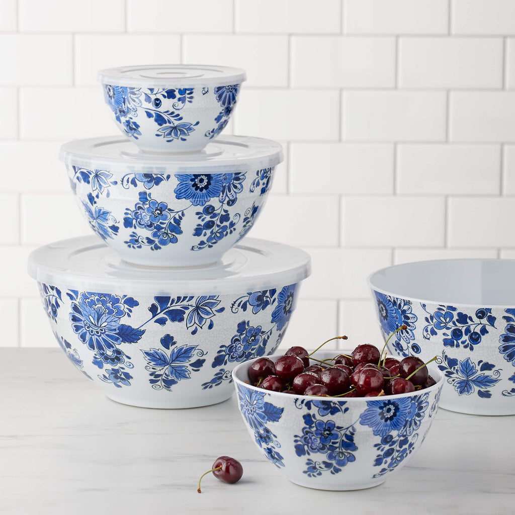 Mixing Bowls with Lids, Nesting Melamine Serving Bowls, Non-Slip Base, BPA Free, Dishwasher Safe, 5 Sizes, Blue and White Floral, Set of 10