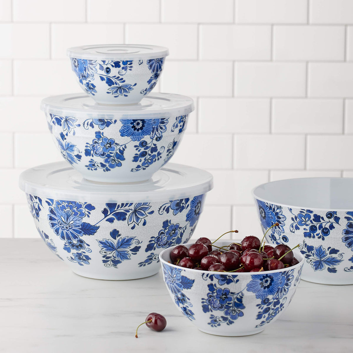 Mixing Bowls with Lids, Nesting Melamine Serving Bowls, Non-Slip Base, BPA Free, Dishwasher Safe, 5 Sizes, Blue and White Floral, Set of 10