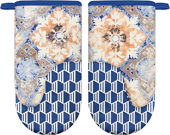 Thumb Oven Mitts, Heat and Slip Resistant Silicone Kitchen Mittens 2-Pack Set, Vintage Carpet Flower Soft Long Oven Gloves, Flexible Potholders for Safe Baking Cooking & Grilling (Dusty Blue)