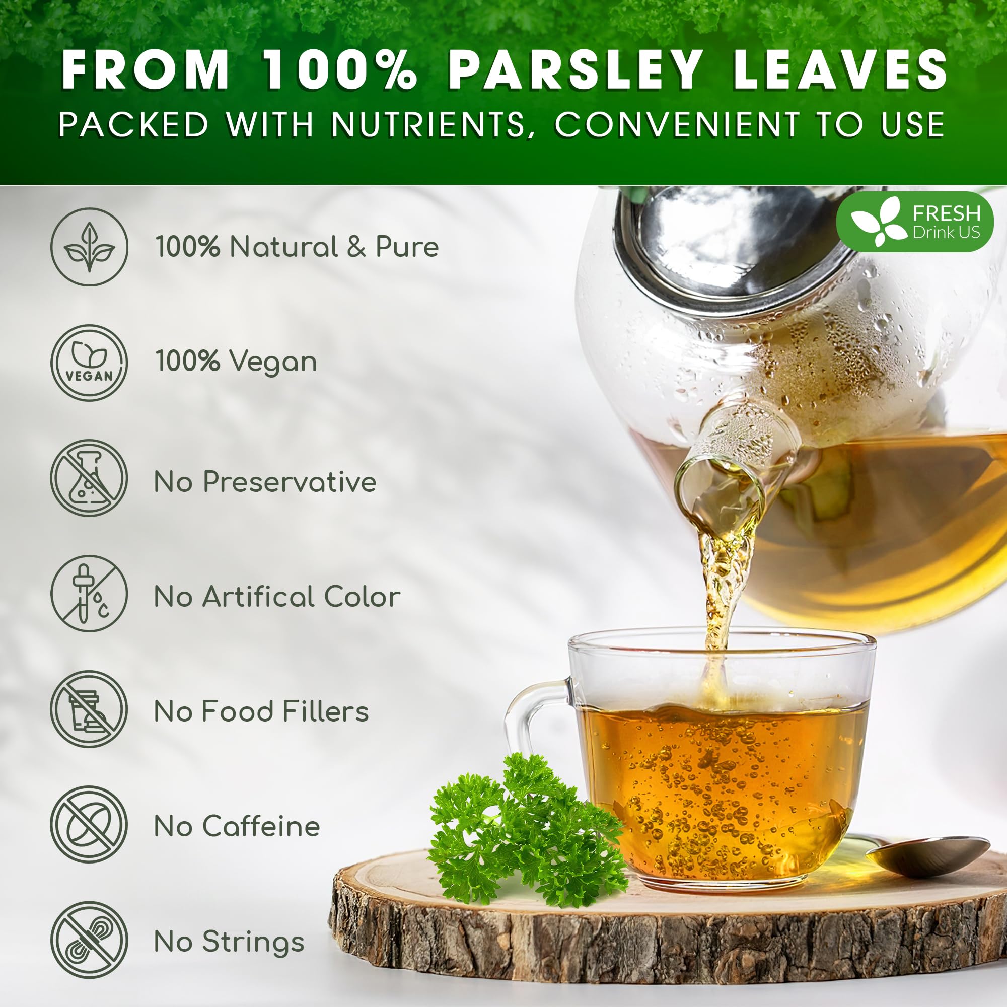 FreshDrinkUS, Premium Parsley Leaf Tea - 75 Bags, 100% Natural & Pure. Made with Eco-Conscious Tea Bags. No Sugar, No Caffeine, No Gluten, Vegan.