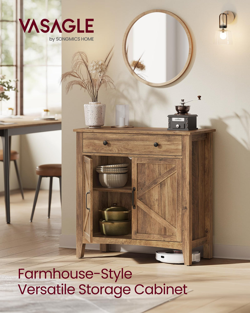 VASAGLE LIRY Collection - Buffet Cabinet, Coffee Bar Cabinet with a Drawer, Adjustable Shelf, Sideboard Storage with Cable Hole, Drawer Divider, Honey Brown UBBK341K01